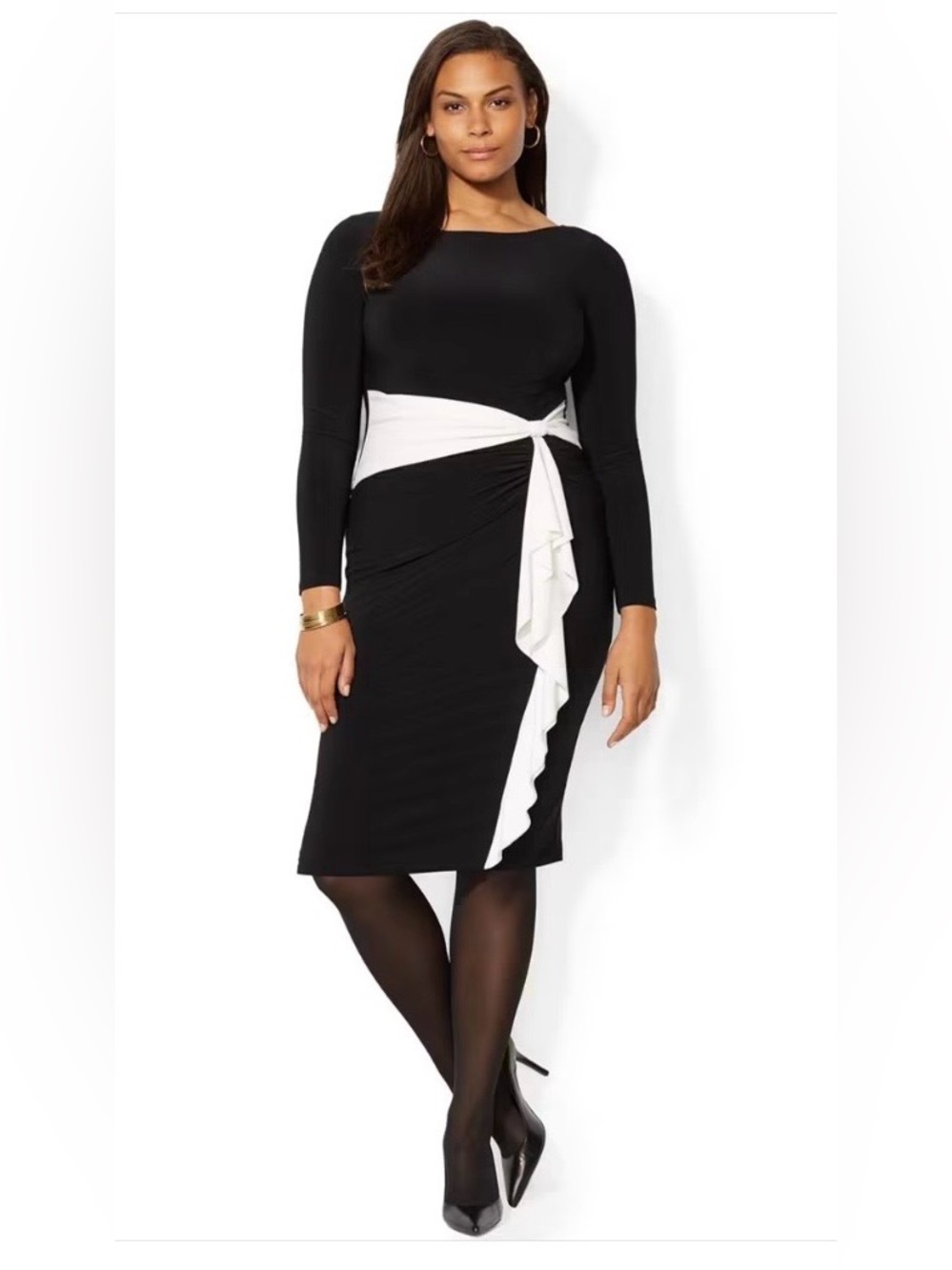 Lauren Ralph Lauren Black White Ruffle Sash Sheath Dress Long Sleeve Sz 16W